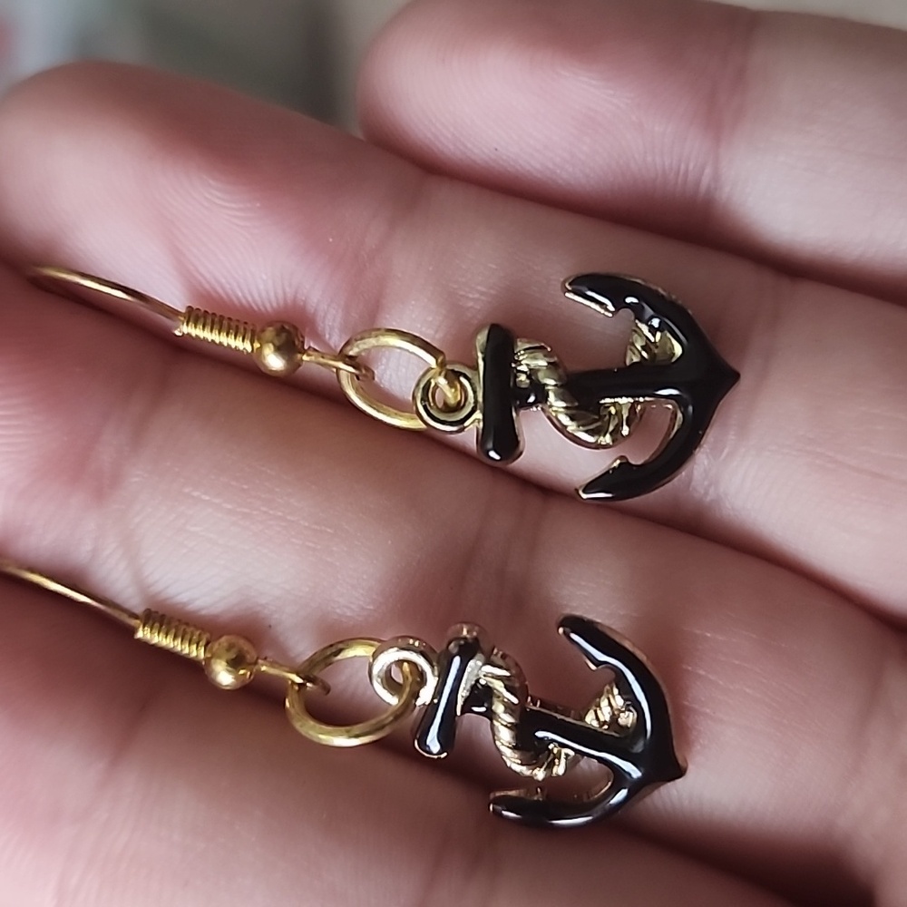 Gold and Black Anchor Earrings